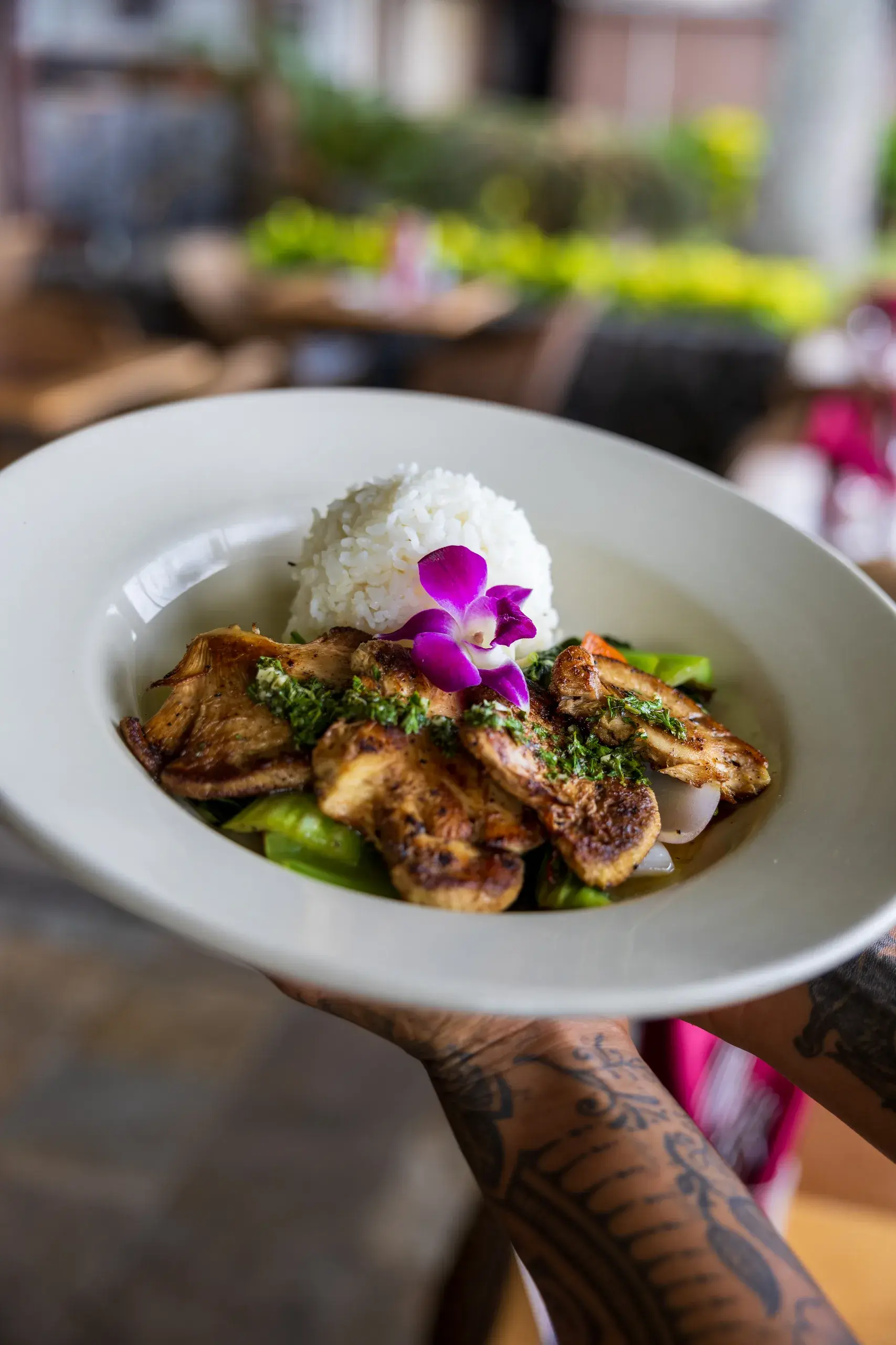 Hula Chicken at Kona Inn Restaurant with pineapple relish, chili soy glaze and white rice
