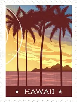Vintage Hawaii travel poster with palm trees and a Kona sunset