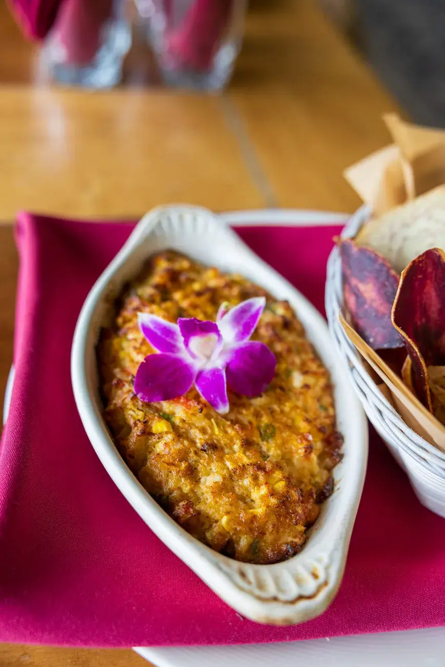 Crab and Corn Dip at Kona Inn Restaurant, baked with cream cheese and served with tortilla chips