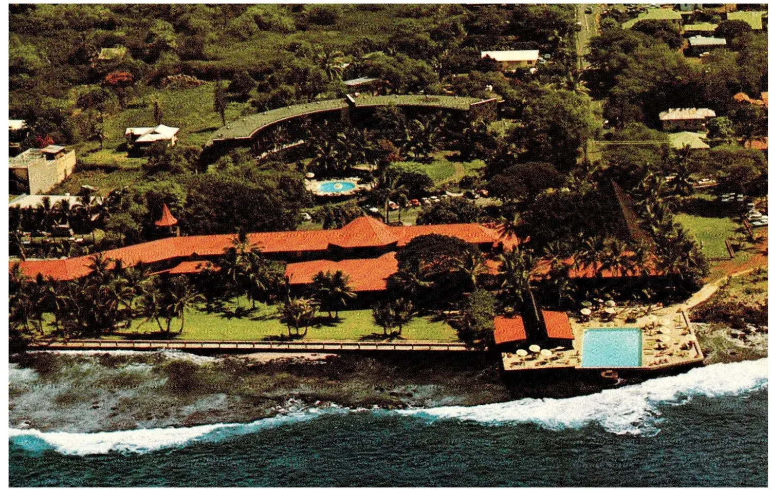 Aerial view of the Kona Inn and Kona Inn Shopping Village on the Kailua-Kona waterfront