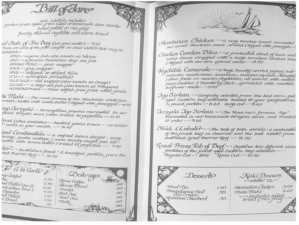 A vintage Kona Inn Bill of Fare menu from the restaurant's early decades