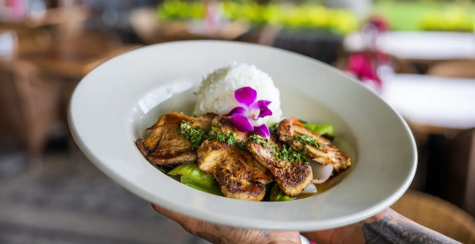 Hula Chicken at Kona Inn Restaurant with pineapple relish, chili soy glaze and white rice