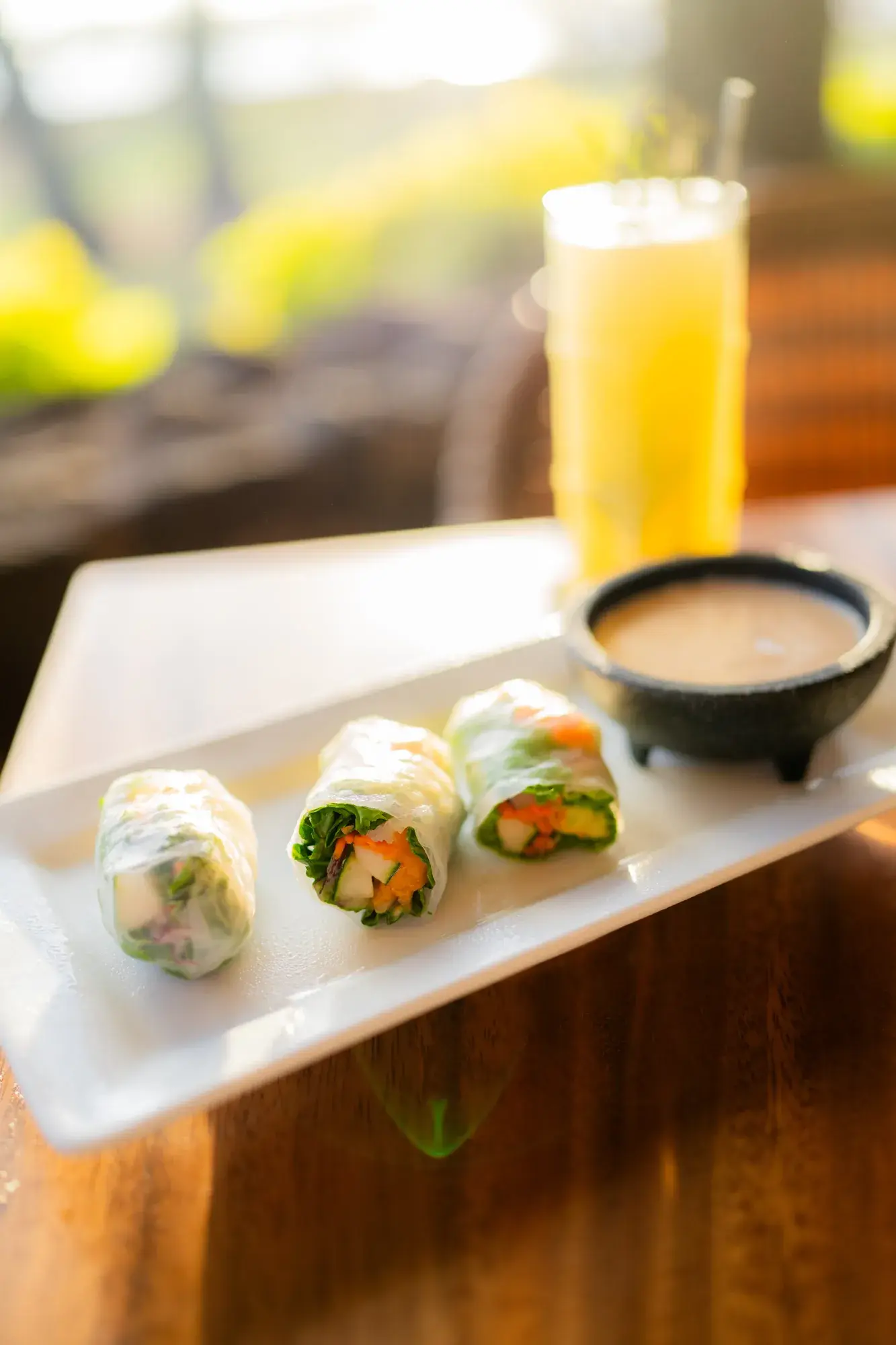 Vegetable Summer Rolls at Kona Inn Restaurant, Cucumber, carrots, papaya, onion, local greens, avocado, mint, and sesame soy dipping sauce.